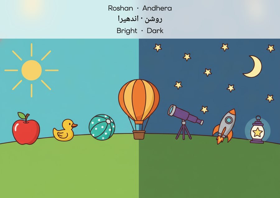 Flashcard: Bright · Dark (روشن · اندھیرا)